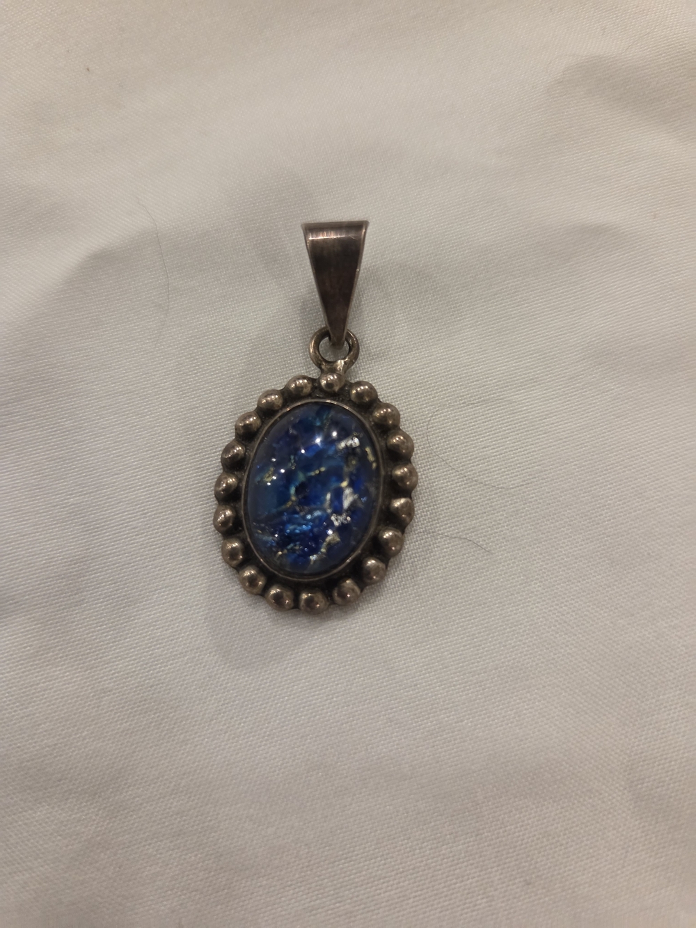 Vintage Taxco Mexican Sterling Silver 925 Blue Foil Glass Oval Pendant TD-29